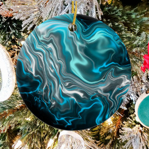 Black and Blue Marble Fluid Art Personalized Ceramic Ornament