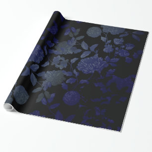 Black And Blue Modern Vintage Floral Toile Wrapping Paper