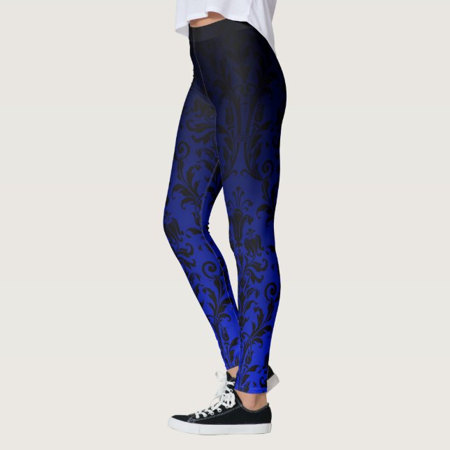 Black And Blue Ombre Gradient Fade Floral Damask Leggings (Left)