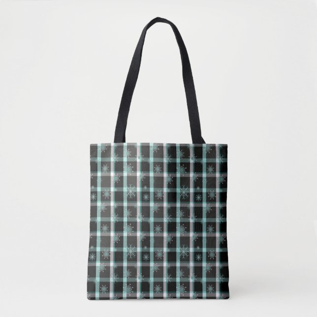 Black and Blue Plaid with Snowflakes Tote Bag (Front)
