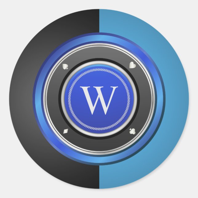Black and Blue Poker Chip with Custom Monogram Classic Round Sticker (Front)
