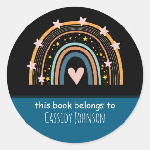 Black and blue rainbow kids name classic round sticker