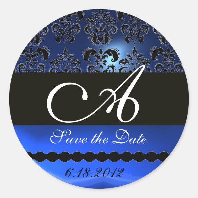 BLACK AND BLUE SAPPHIRE DAMASK MONOGRAM, CLASSIC ROUND STICKER (Front)