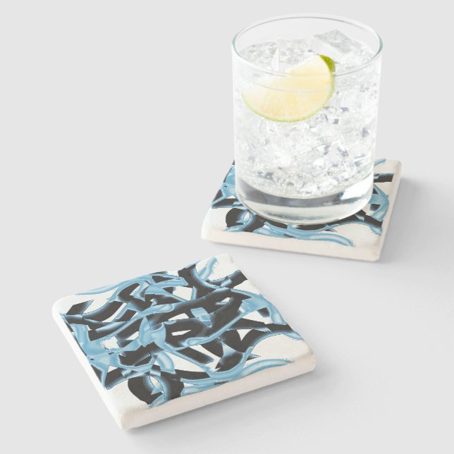 Black and blue scraps or tapes being destroyed stone coaster (Side)