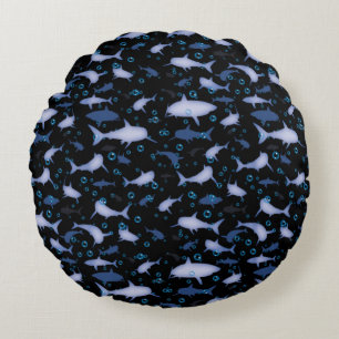 Black and Blue Shark Silhouette Pattern Round Pillow