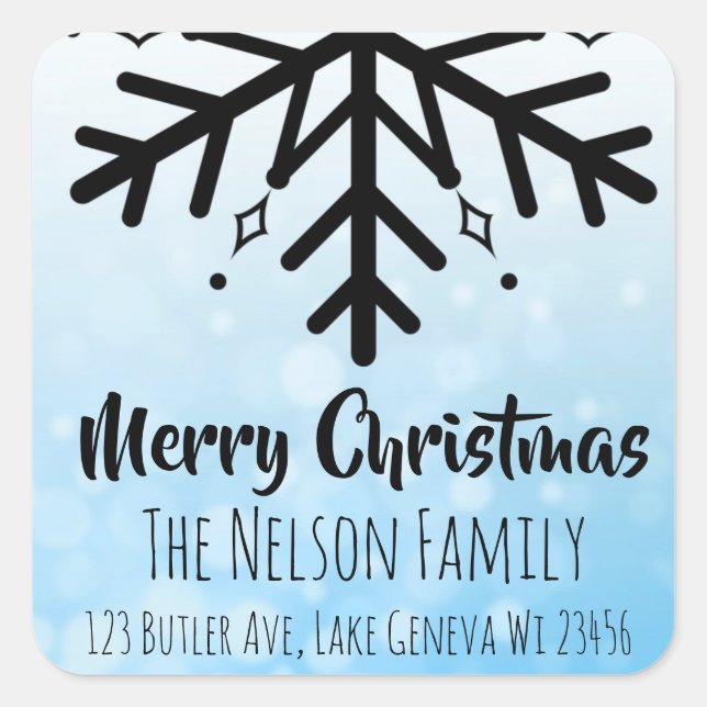 Black and Blue Snowflake Personalized Christmas Square Sticker (Front)