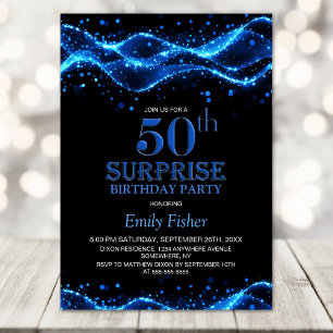 Black and Blue Surprise 50th Birthday Party Invitation