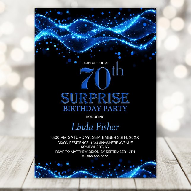 Black and Blue Surprise 70th Birthday Party Invitation (Creator Uploaded)