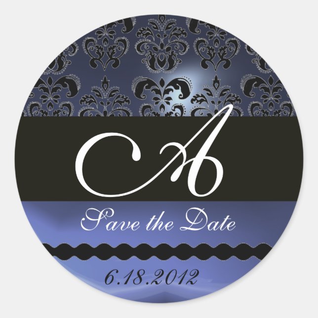 BLACK AND BLUE TOPAZ DAMASK MONOGRAM, CLASSIC ROUND STICKER (Front)