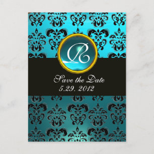 BLACK AND BLUE TURQUASE DAMASK GEM Monogram Announcement Postcard