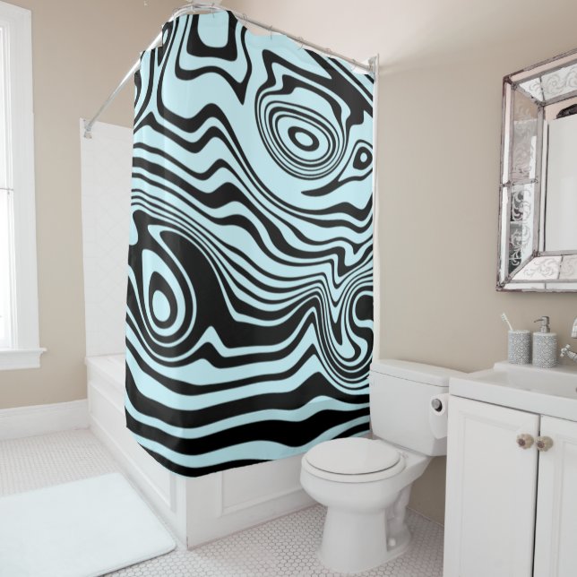 Black and Blue Wavy Striped Shower Curtain (In Situ)