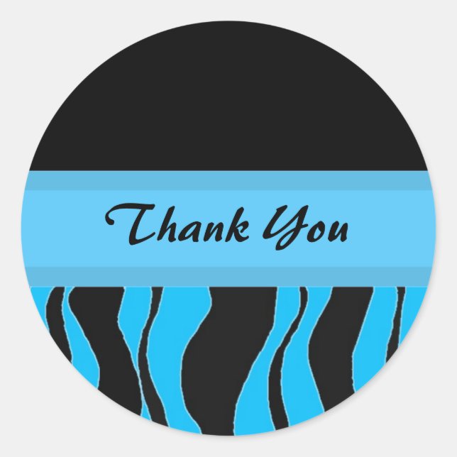 Black and  Blue Zebra Print Thank You Classic Round Sticker (Front)