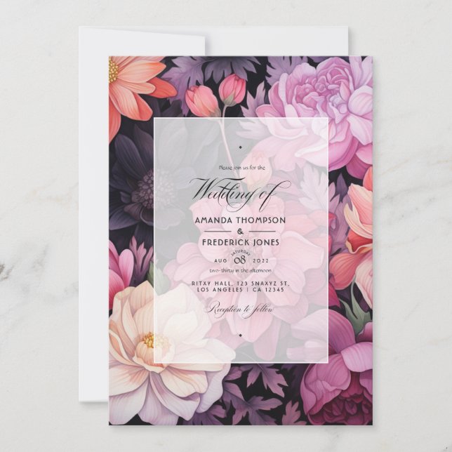 Black and Blush Floral Wedding Invitation (Front)
