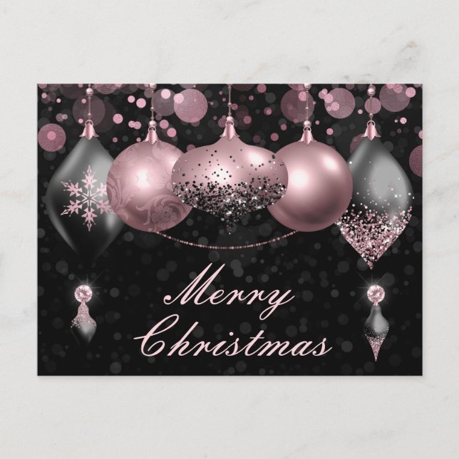Black and blush pink Christmas Baubles Ornaments Holiday Postcard (Front)