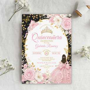 Black and Blush Pink Quinceañera Golden Butterfly Invitation