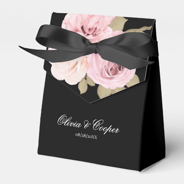 Black and Blush Pink Roses Chic Wedding Favor Box (Front Side)