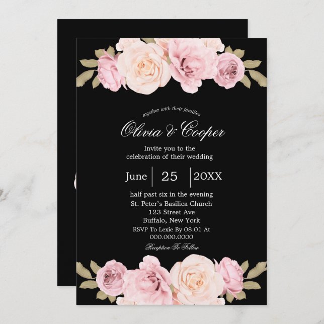 Black and Blush Pink Roses Wedding Invitation (Front/Back)