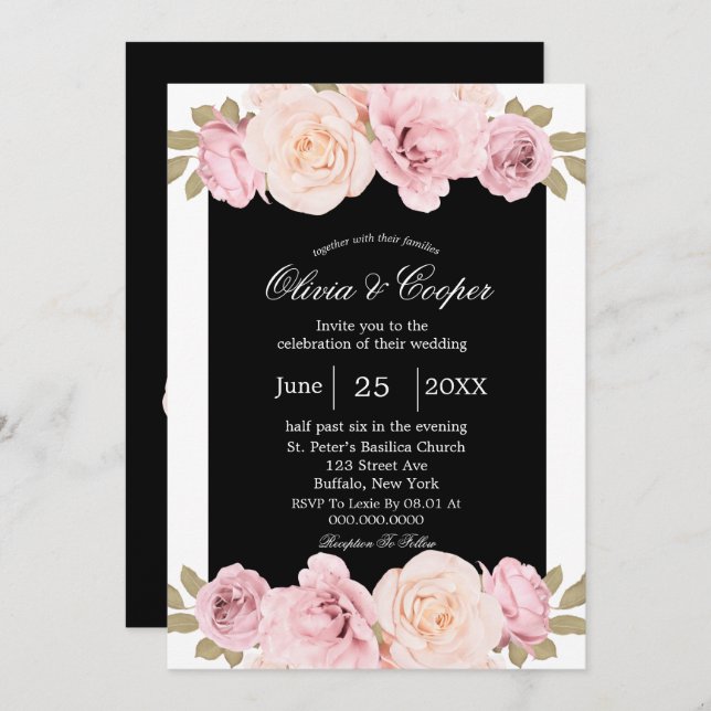 Black and Blush Pink Roses Wedding Invitation (Front/Back)