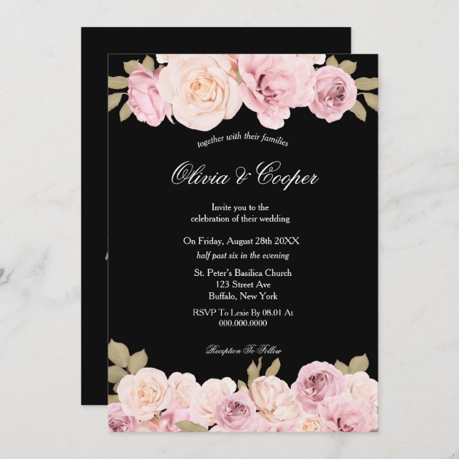 Black and Blush Pink Roses Wedding Invitation (Front/Back)