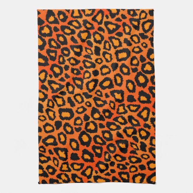 Black and Bright Orange Leopard Animal Print Kitchen Towel (Vertical)
