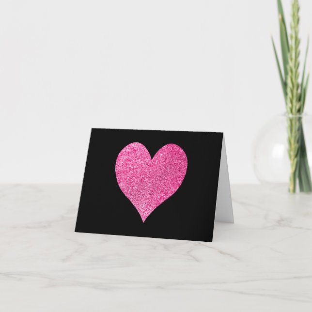 Black and Bright Pink Glitter Heart Thank You Card (Front)