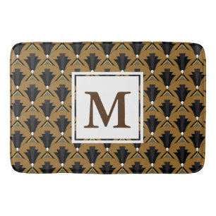 Black and Bronze Art Deco Geometric Monogrammed Bath Mat