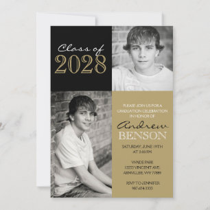 Black and Bronze Gold Classic 2 Photo Graduation Invitation