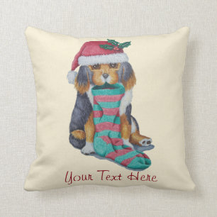 black and brown cute puppy dressed for christmas throw pillow
