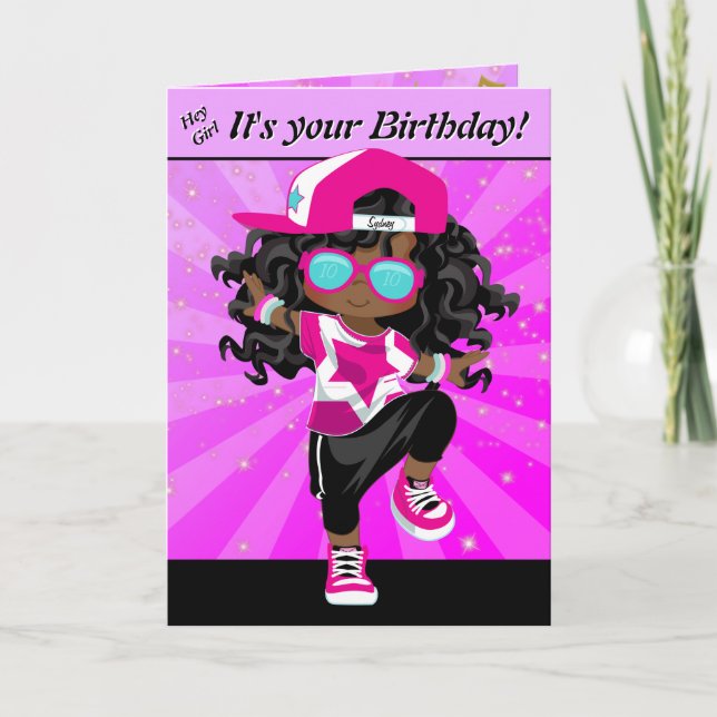 Black and Brown Girls Hip Hop Happy Birthday Card (Front)