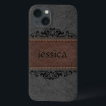 Black And Brown Leather Black Floral Accents iPhone 13 Case<br><div class="desc">Image of vintage aged look,  black and brown stitched leather with black decorative floral element accent and customizable monogram.</div>