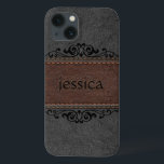 Black And Brown Leather Black Floral Accents iPhone 13 Case<br><div class="desc">Image of vintage aged look,  black and brown stitched leather with black decorative floral element accent and customizable monogram.</div>