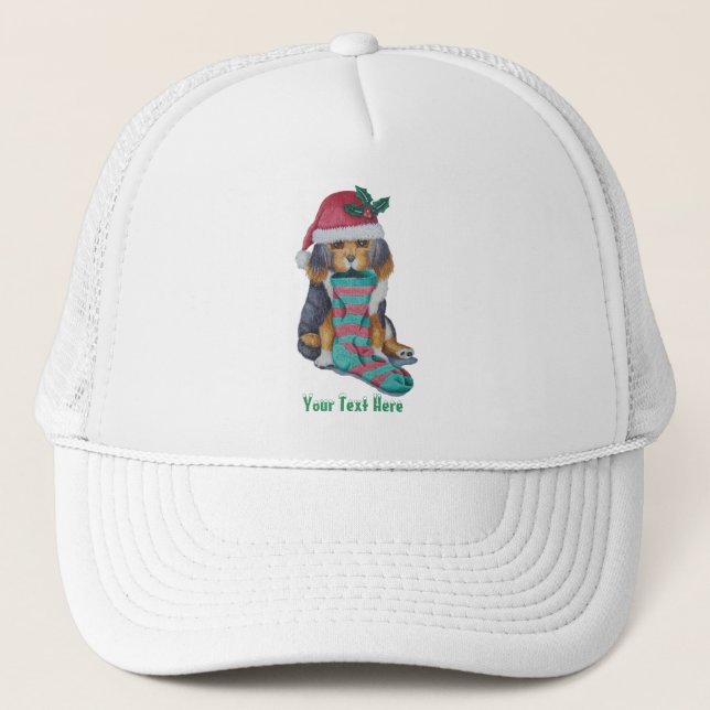 black and brown puppy with stocking christmas trucker hat (Front)
