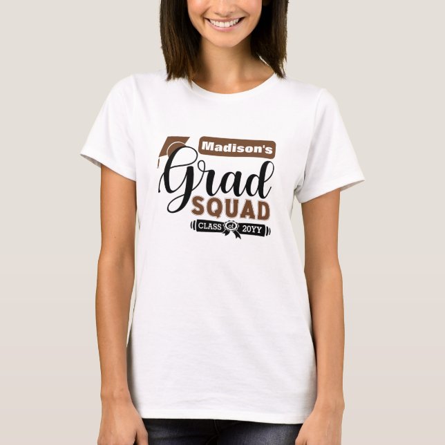 Black and Brown Text Female's White Grad Squad T-Shirt (Front)