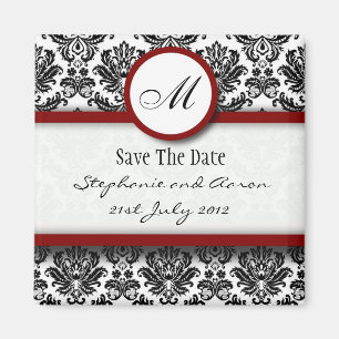 Black and Burgundy Damask Monogram Save The Date Magnet