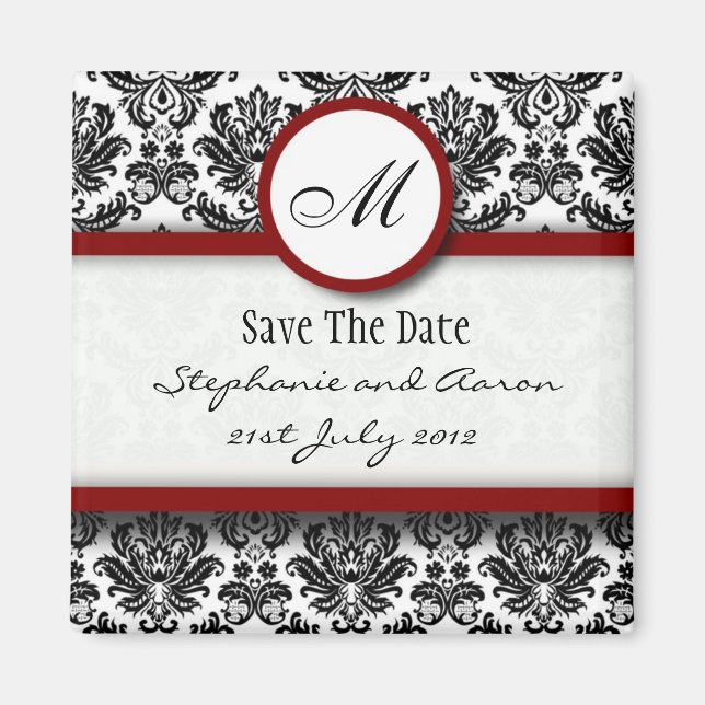 Black and Burgundy Damask Monogram Save The Date Magnet (Front)