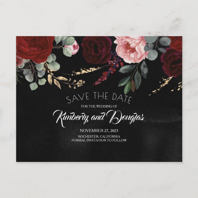 Black and Burgundy Red Floral Save the Date Announcement Postcard (Front)