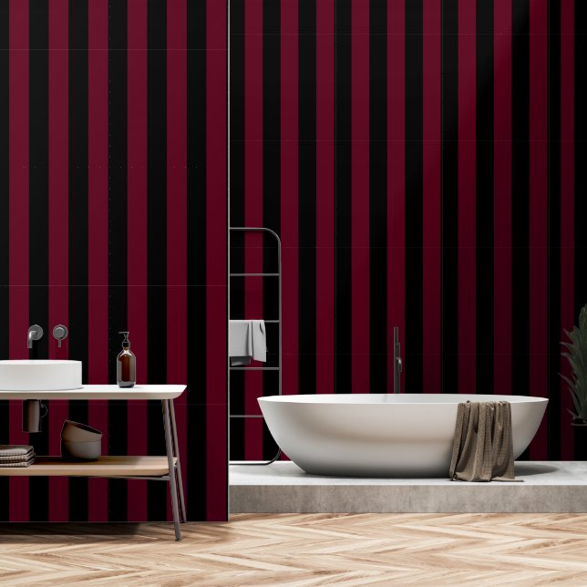 Black And Burgundy Red Ultra Wide 4 Inch Stripe Wallpaper (Bathroom)