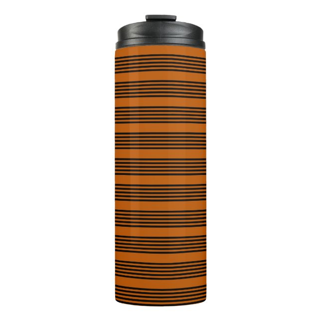 Black and burnt orange five stripe pattern thermal tumbler (Front)
