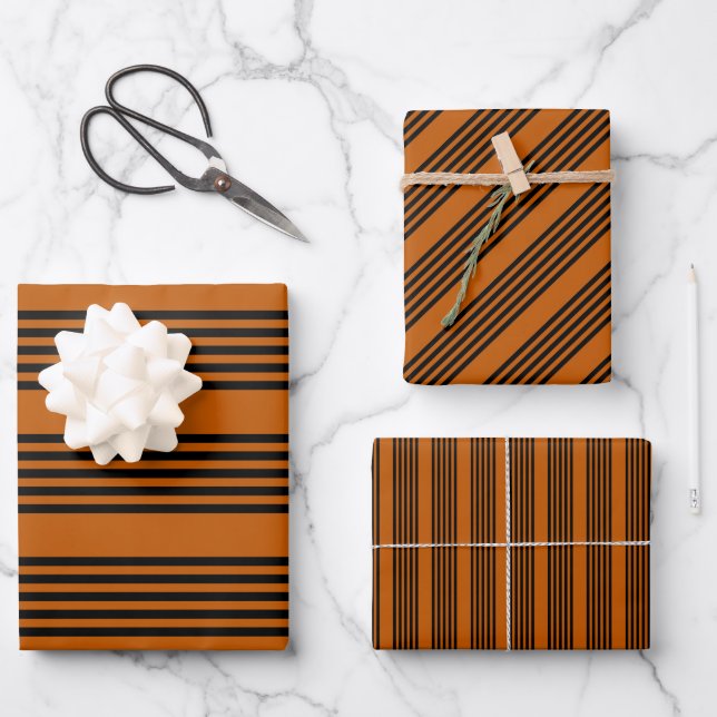 Black and burnt orange five stripe pattern wrapping paper sheet (Front)