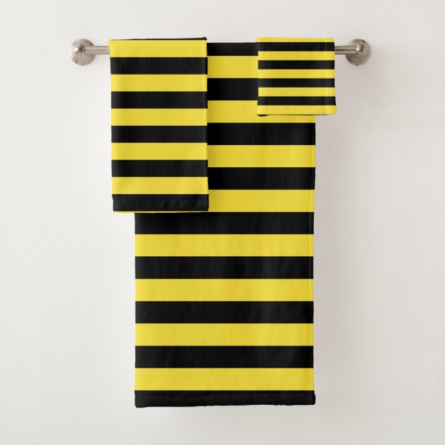 Black And Buttercup Yellow Horizontal Stripe Bath Towel Set (Insitu)
