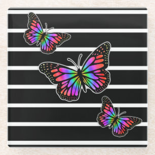 Black and Butterfly Striped Modern Glass Coaster