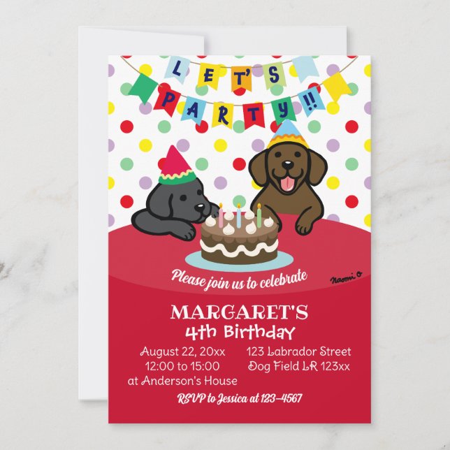 Black and Chocolate Labradors Birthday Party Invitation (Front)