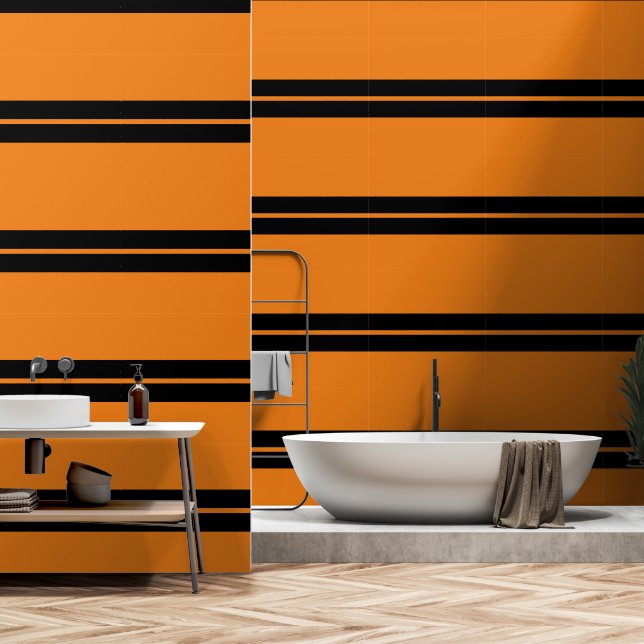 Black And Citrus Orange Horizontal   Stripe  Wallpaper (Bathroom)