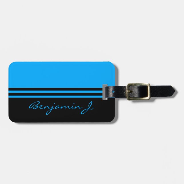 Black and Cobalt Blue Stripped Custom Luggage Tag (Front Horizontal)