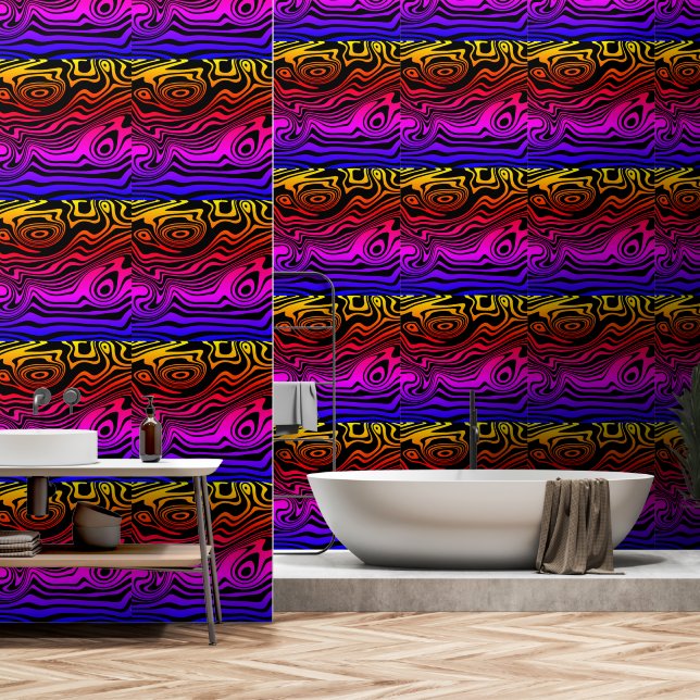 Black and Colourful Neon Abstract Waves Art Wallpaper (Bathroom)