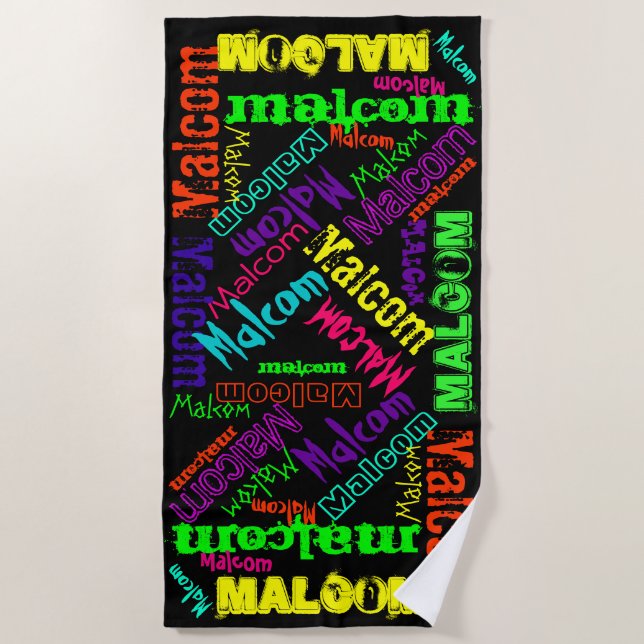 Black and Colourful Repeating Name Collage Beach Towel (Front)