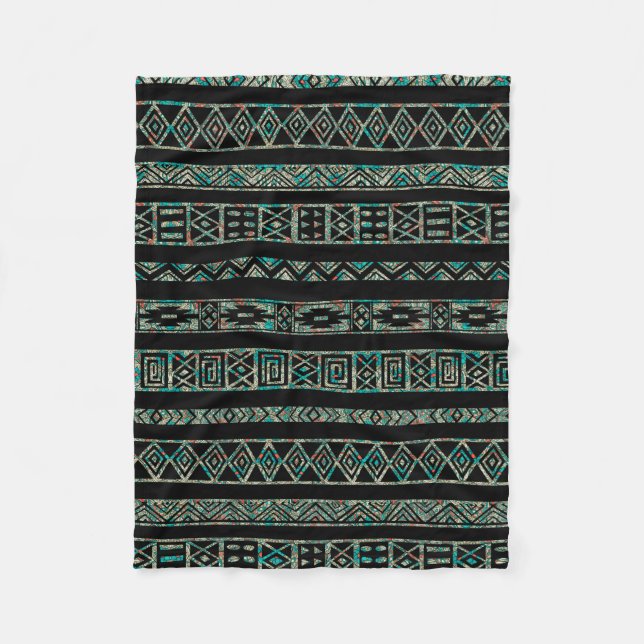 Black And Colourful Tribal Geometric Pattern Fleece Blanket (Front)