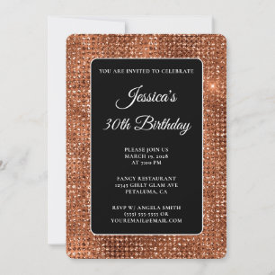 Black and Copper Disco Glitter 30th Birthday Invitation