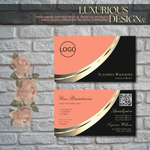 Black and Coral Gold Decor with Logo & QR-Code Business Card