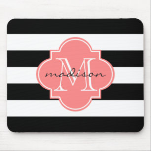 Black and Coral Nautical Stripes Custom Monogram Mouse Pad
